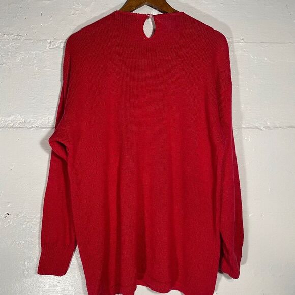Vintage Red Sweater L Gold Beaded Sequin Roses Knit Holiday 80s Glam Pullover - Picture 8 of 11